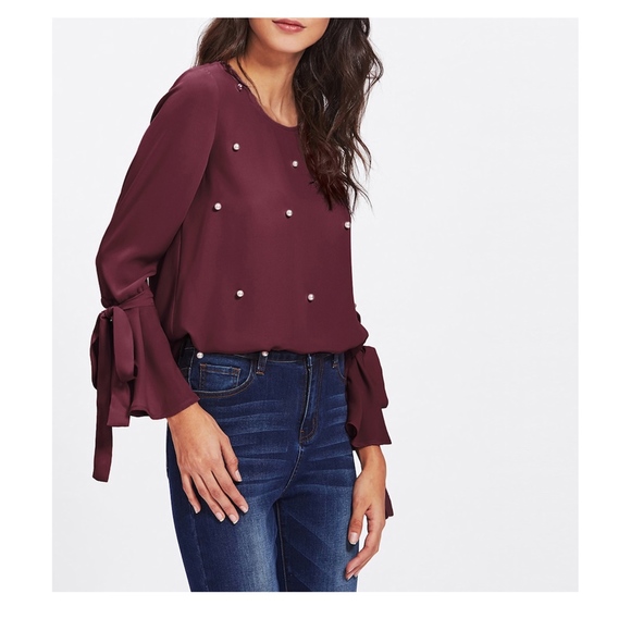Burgundy Red Bow Sleeve Pearl Embellished Blouse - Picture 4 of 8